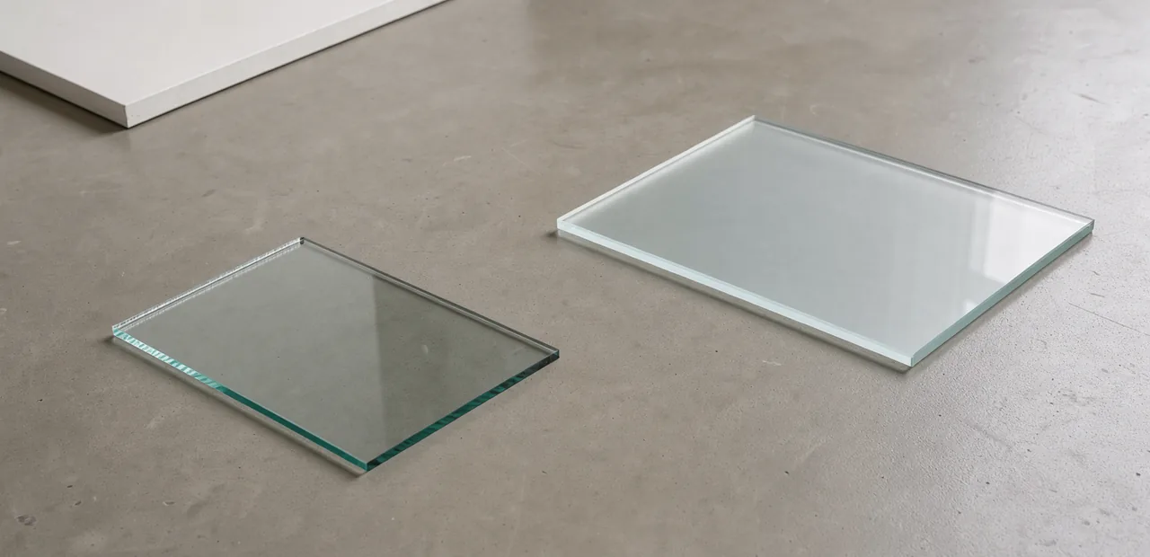 A small clear pane and a larger frosted glass rectangle lie apart on warm plaster.