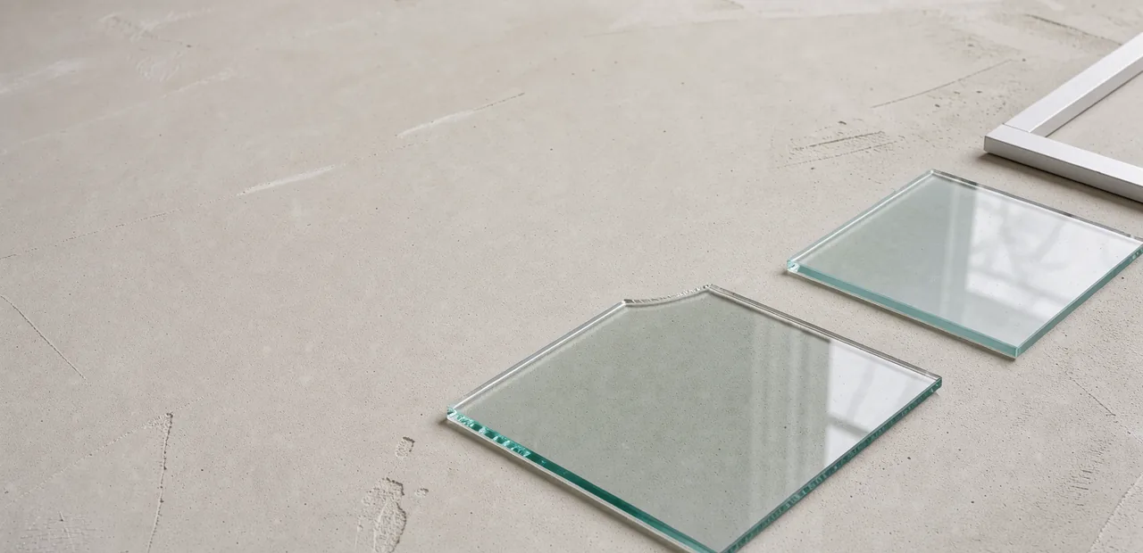 Clear and frosted window-glass rectangles with broad white reflections on a warm floor.