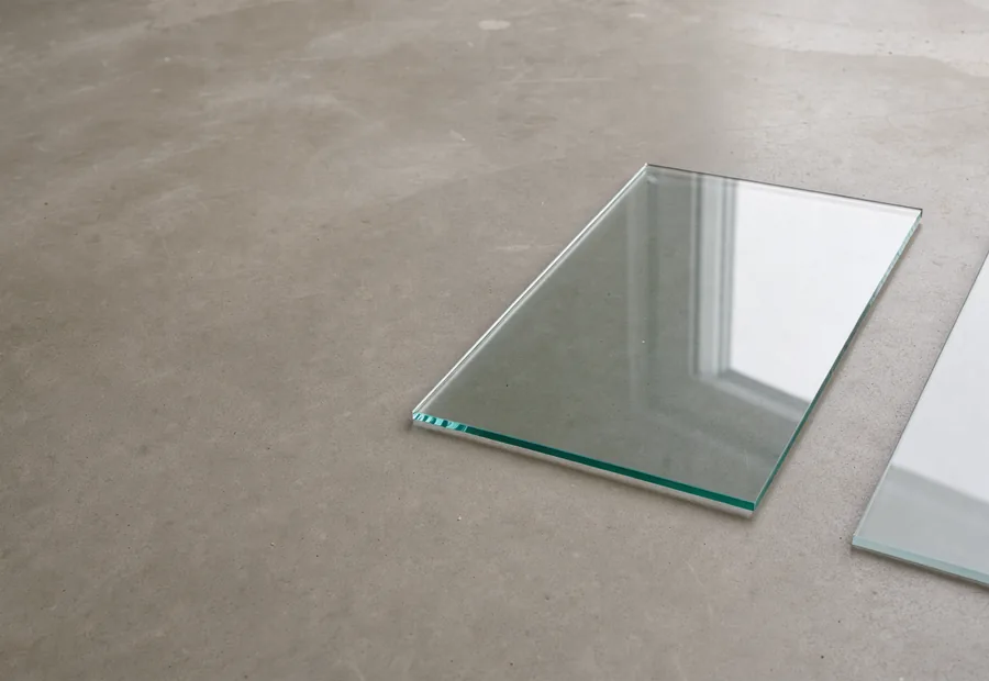 The end of a clear glass offcut fades into a soft reflection on pale plaster.