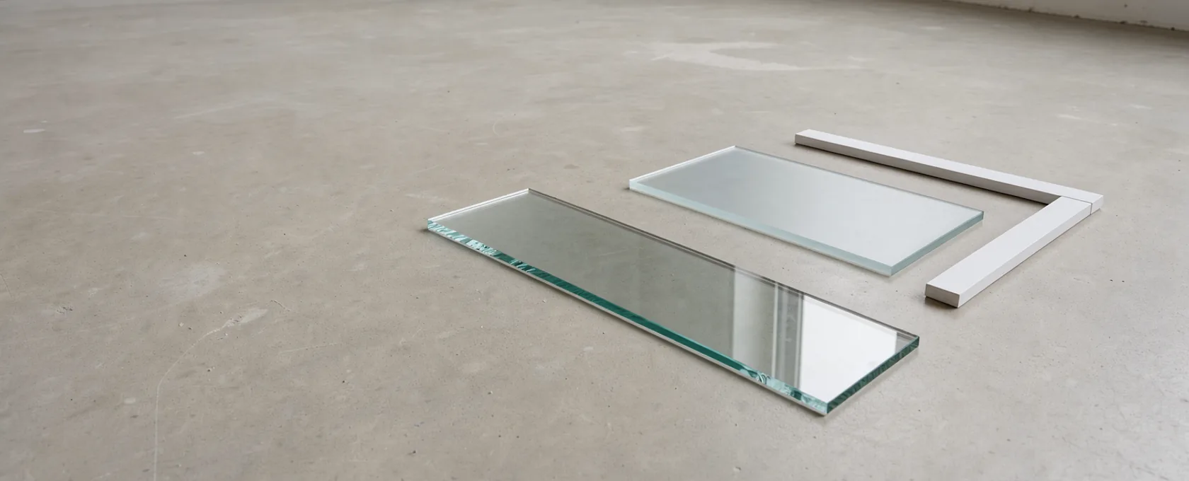 Uncoloured window-glass offcuts and a white square resting on warm plaster, with soft opaque reflections.