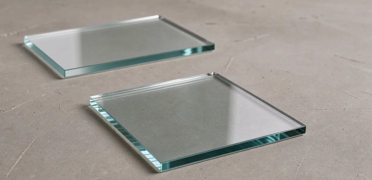 The straight end of uncoloured window glass with a soft white reflection across its surface.
