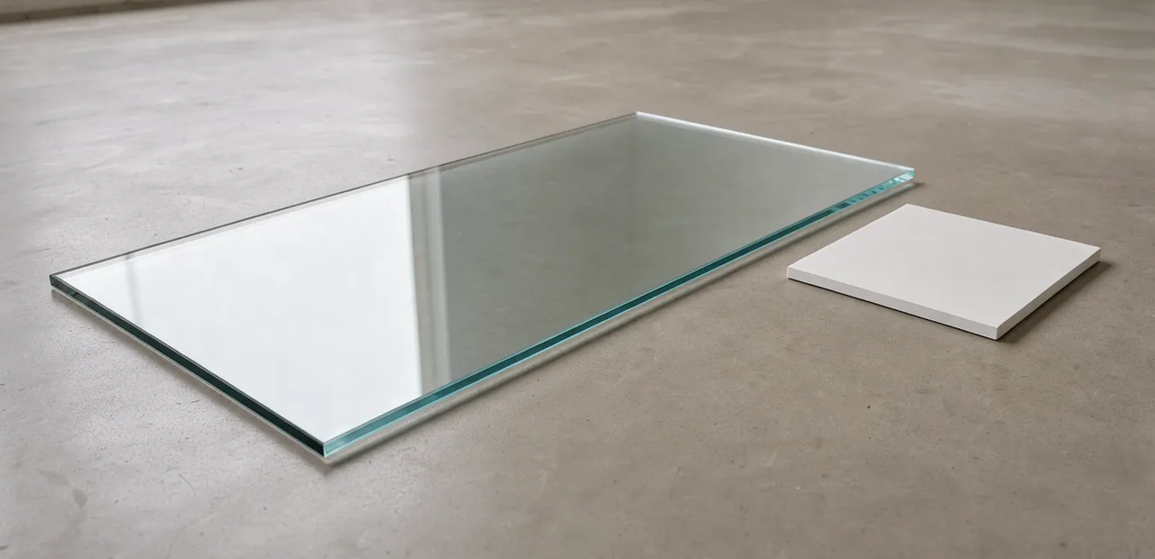 A frosted rectangular glass offcut lies flat beside an unmarked white square on plaster.