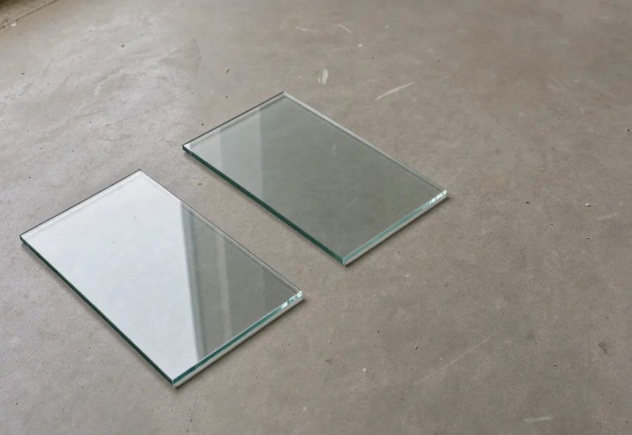 Two separate rectangular pieces of clear window glass on a warm plaster floor.